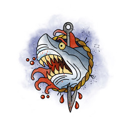 Stylized shark. Tattoo design. Cartoon illustration, hand drawn style.