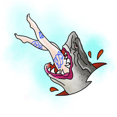 Stylized shark. Tattoo design. Cartoon illustration, hand drawn style.