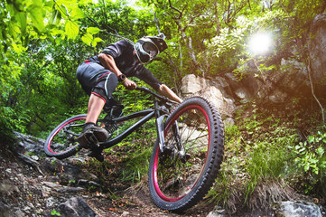 Fototapeta na wymiar Sport. A cyclist on a bike with a mountain bike in the forest