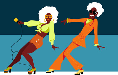 Mature black couple dressed in 1970th fashion dancing a novelty dance, EPS 8 vector illustration