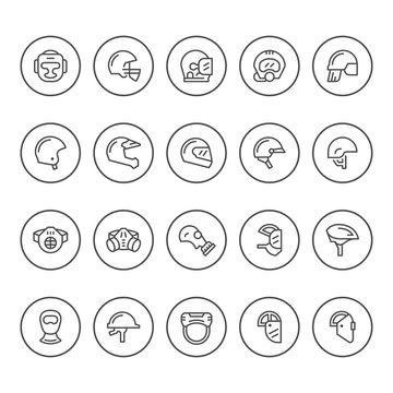 Set round line icons of helmets and masks