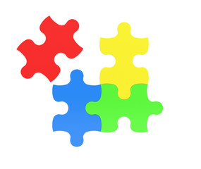 Obraz premium 3d rendering of four multicolored puzzle pieces isolated on white background.