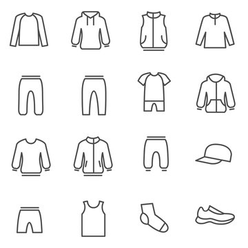 Different types of man’s clothes for sport / Man’s clothes for sport and home as line icons
