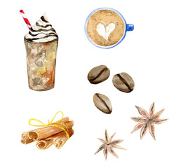 Coffee watercolor clip art, drink collection, coffee lovers, cinnamon sticks, coffee beans, iced coffee, latte