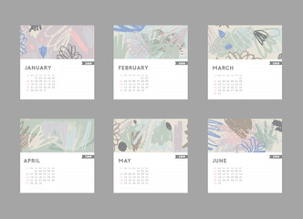 2018 calendar. January, February, March, April, May, June. Hand drawn brushstrokes in pastel trendy colors. 
