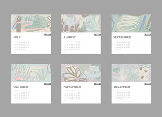 2018 calendar. July, August, September, October, November, December. Hand drawn brushstrokes in pastel trendy colors. 

