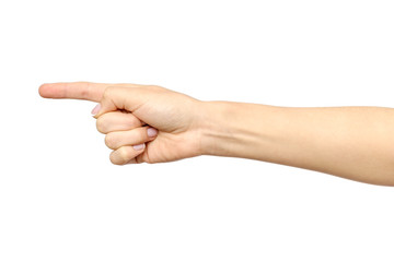Woman's hand pointing isolated