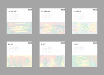 2018 calendar. January, February, March, April, May, June. Hand drawn brushstrokes in light pastel trendy colors. 
