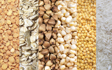 Set of cereal flakes split peas, buckwheat, grains,wheat cereal, sunflower seeds