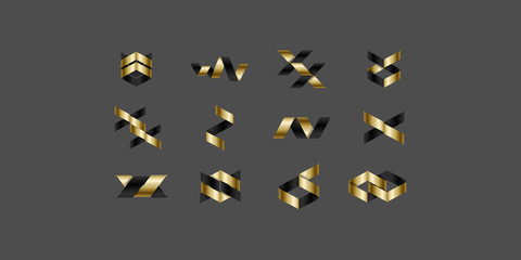 Fototapeta premium Big Set of minimal geometric dark and gold shapes. Trendy hipster icons and logotypes. Business signs symbols, labels, badges, frames and borders