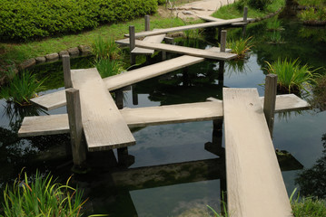 Bridge made of wood boards in a Japanese garden 