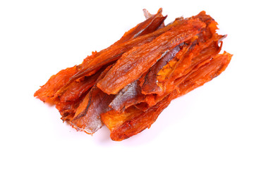 Amber Fish  with hot pepper on a white background (isolated). Snack to beer. Close up