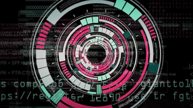 PNG Alpha.Futuristic Technological intro.Circle HUD elements and digital  text code animation.Good for Intro and techno background.