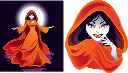 Lady vampire in long flowing gown and hooded robe, framed by full moon