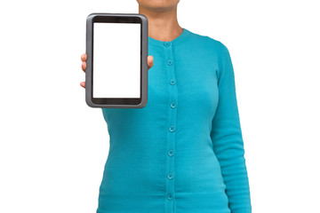 Girl with a digital tablet in hand. isolated on white background