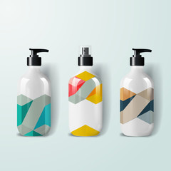 Mockup template for branding and product designs. Isolated realistic plastic bottles with dispenser spray and unique geometric design. Easy to use for advertising branding and marketing.