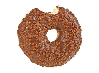 Bitten chocolate donut with sprinkles isolated on a white background