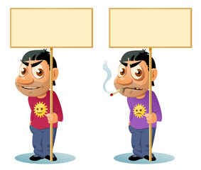 Smiling man holding blank banner. Smoking man holding blank banner. Cartoon styled vector illustration. Elements is grouped.  No transparent objects. Isolated on white.