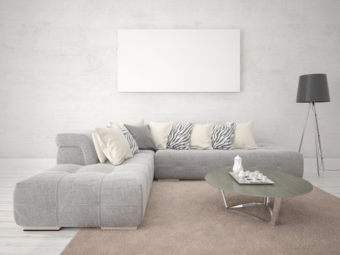 Mock up a stylish living room with a fashionable corner sofa on a light background.