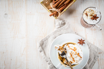 Recipes with pumpkins, fast food, microwave meal. Spicy pumpkin pie in mug, with whipped cream, ice cream, cinnamon, anise. On white wooden table, with cup of hot chocolate. Copy space top view