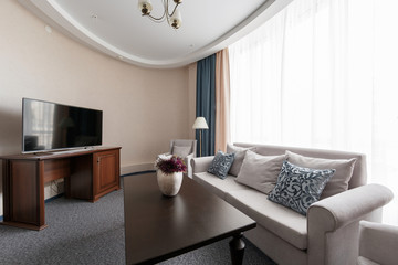 Hotel apartment, living room interior in the morning