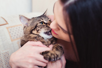 A domestic cat bites a young woman by the chin