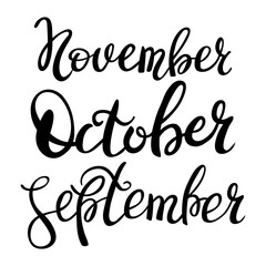 3 autumn month of year - September, October, November, lettering. Autumn season lettering hand draw