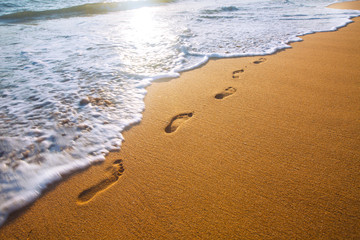 beach, wave and footprints at sunset time