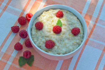 oatmeal in a bowl with raspberries on the table in the garden