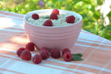 oatmeal in a bowl with raspberries on the table in the garden