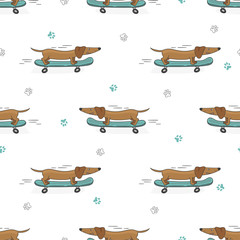 Seamless pattern with cute dachshund on skateboard. Vector background.