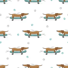 Wallpaper murals Dogs Seamless pattern with cute dachshund on skateboard. Vector background.