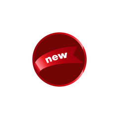 Oval red new button with red border and ribbon on white background