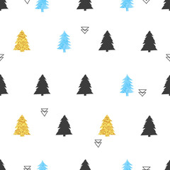 Fototapeta premium Christmas trees pattern. Seamless vector holiday background in blue, black and golden colors. 