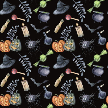 Watercolor Halloween seamless pattern. Hand painted Halloween symbols: pumpkins, witch hat, candy, spider, potion, cauldron, candle, finger, bats and floral branch. Holiday background design. 