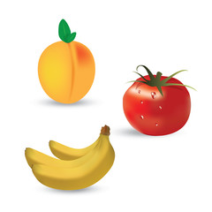 Orange, banana, tomato. Fresh fruits 3d vector icon set.