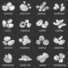 collection of nuts icons on black background