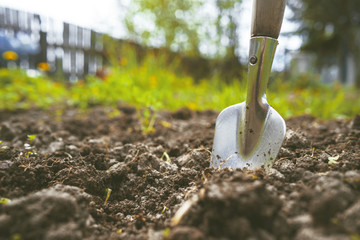 Scapula on the background of fertile soil. Place for the text. The concept of agriculture. Metal...