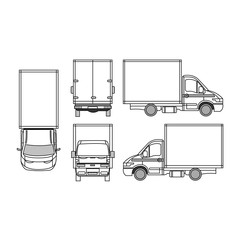 Vector small truck front view back view and side view. Cargo delivery.  Flat  design. White truck car for transportation. Corporate identity.