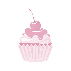 Vector cupcakes and muffins icon. Pink desserts with cream, chocolate, cherries and strawberries. Cute cupcake sign for flyers, postcards, stickers, prints, posters, decorations.