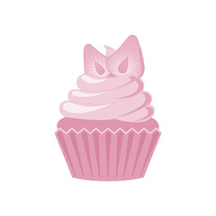 Vector cupcakes and muffins icon. Pink desserts with cream, chocolate, cherries and strawberries. Cute cupcake sign for flyers, postcards, stickers, prints, posters, decorations.