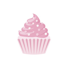 Vector cupcakes and muffins icon. Pink desserts with cream, chocolate, cherries and strawberries. Cute cupcake sign for flyers, postcards, stickers, prints, posters, decorations.