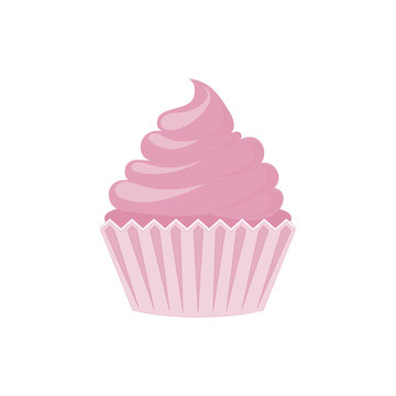 Vector cupcakes and muffins icon. Pink desserts with cream, chocolate, cherries and strawberries. Cute cupcake sign for flyers, postcards, stickers, prints, posters, decorations.