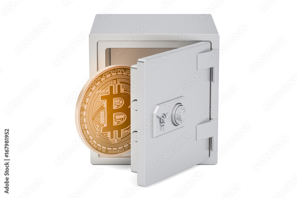 Poster safe box with bitcoin, 3d rendering
