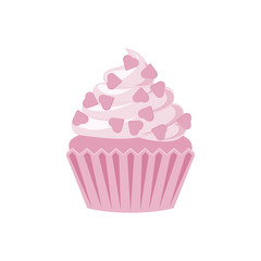 Vector cupcakes and muffins icon. Pink desserts with cream, chocolate, cherries and strawberries. Cute cupcake sign for flyers, postcards, stickers, prints, posters, decorations.