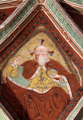 Obraz premium Rappresentazione della Trinità (proibita dalla Chiesa cattolica dopo il Concilio di Trento); affresco della volta della chiesa di Santa Giuliana a Vigo di Fassa