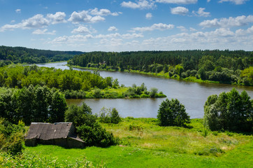 Lithuanian summer landscape - View from Merkine fort hill to confluence of Nemunas and Merkys