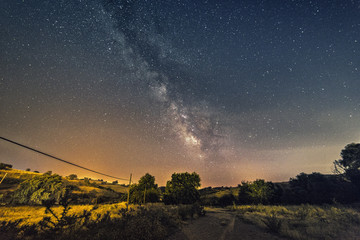 Milky way view with green grass and blue filter