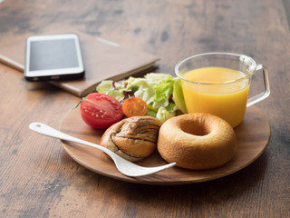 breakfast on wooden table