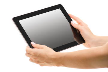 Tablet in female hands isolation